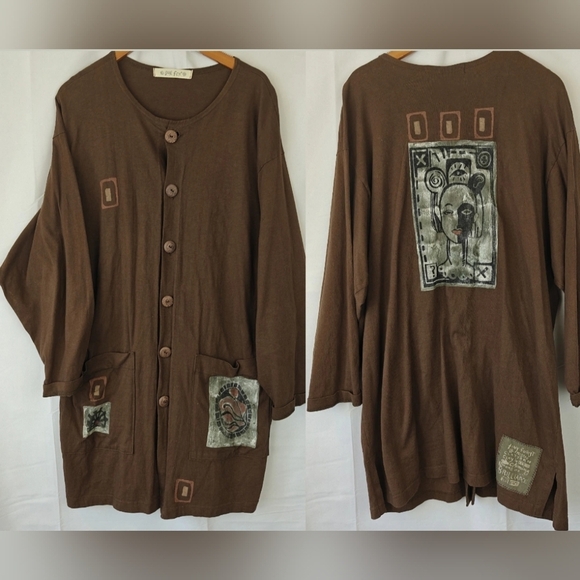 VTG Rare Blue Fish Hand Painted Cotton Brown Button Up Jacket Size 2 Women's - Picture 1 of 15